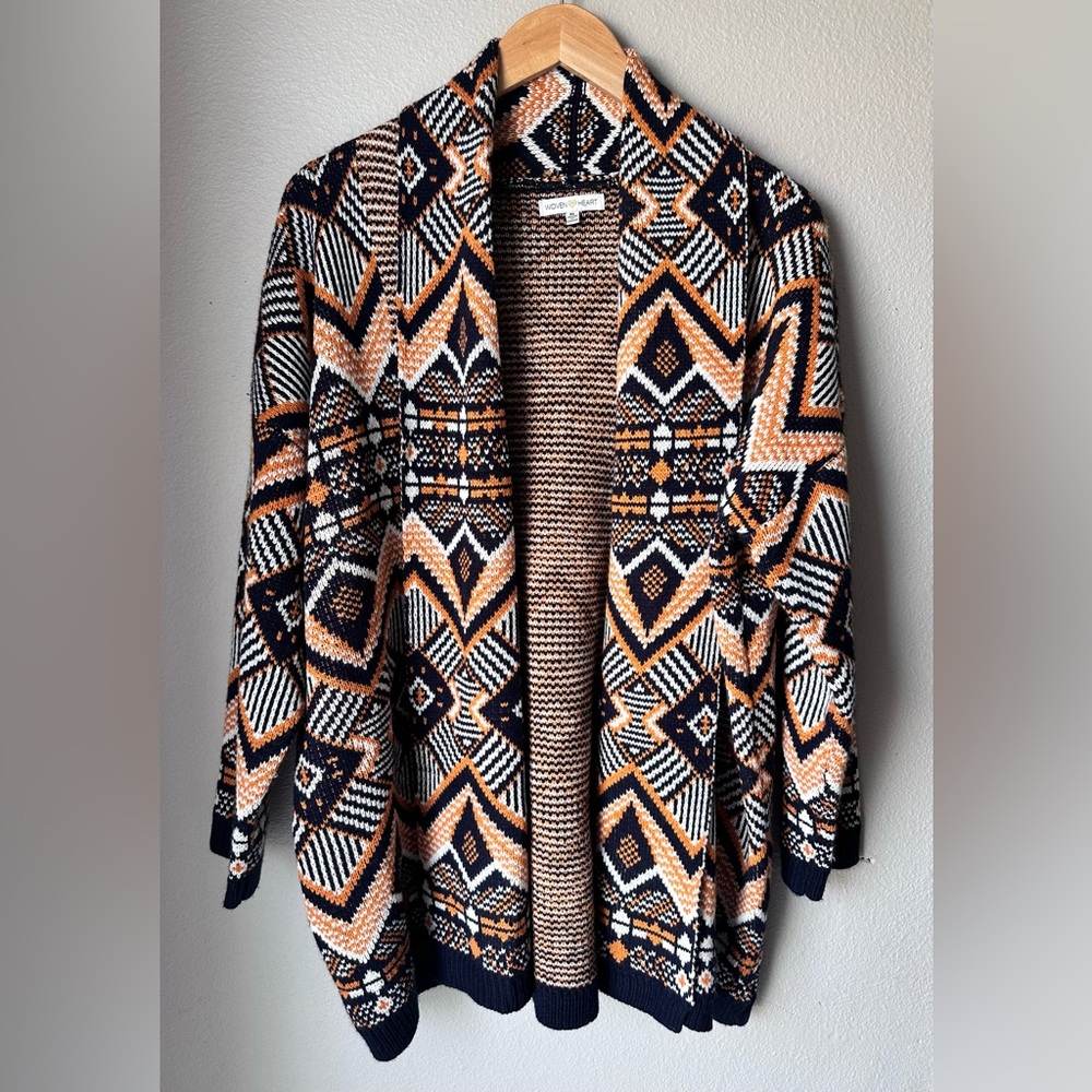 Woven Heart Aztec Open Front Cardigan Navy Blue Orange Women’s Size XL
